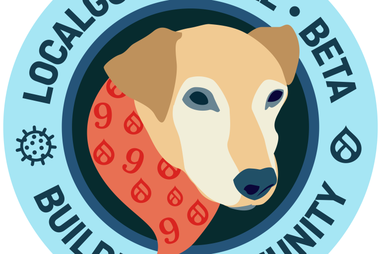 LocalGov Drupal Beta - Building community. Illustrated mission patch with dog wearing an orange neckerchief, the Drupal logo and a coronavirus molecule.