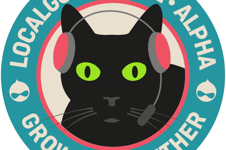 LocalGov Drupal Alpha - Growing together. Illustrated mission patch with a black cat wearing a headset and druplicon icons.