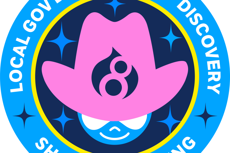 LocalGov Drupal Discovery - Sharing is Caring. Illustrated mission patch with the Druplicon wearing a pink hat with the Drupal 8 logo.