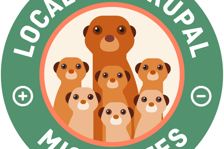 LocalGov Drupal - Microsites. Illustrated mission patch with a family of meerkats, and a plus and minus icon.