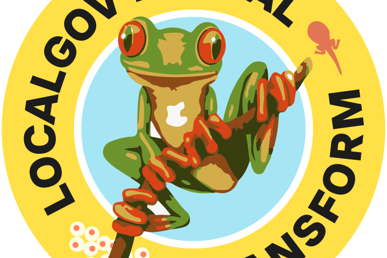 LocalGov Drupal - Transform. Illustrated mission patch with a treefrog, frogspawn and tadpole.