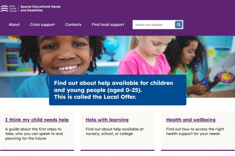 Essex Counci SEND website homepage. Smiling children and the text, "Find out about help available for children and young people (aged 0-25). This is called the Local Offer."